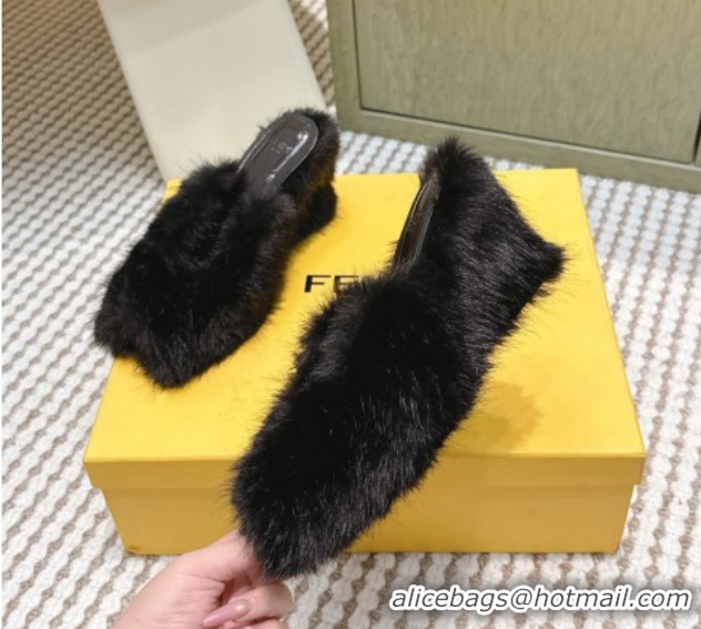 Classic Hot Fendi Arco Wedge Mules 7.5cm in Rabbit Fur Black 1030004