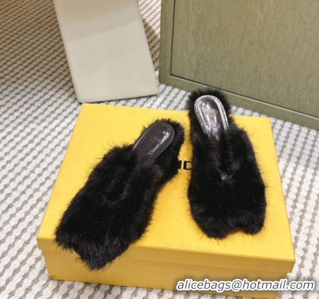 Classic Hot Fendi Arco Wedge Mules 7.5cm in Rabbit Fur Black 1030004