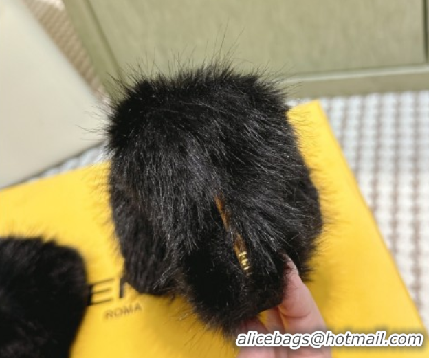 Classic Hot Fendi Arco Wedge Mules 7.5cm in Rabbit Fur Black 1030004