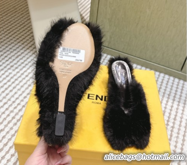 Classic Hot Fendi Arco Wedge Mules 7.5cm in Rabbit Fur Black 1030004