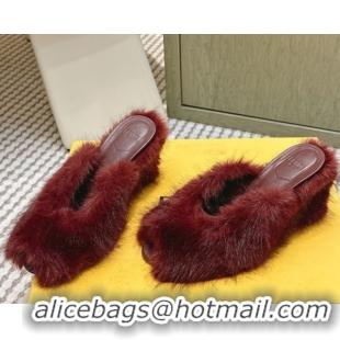 Grade Fendi Arco Wedge Mules 7.5cm in Rabbit Fur Burgundy 1030005