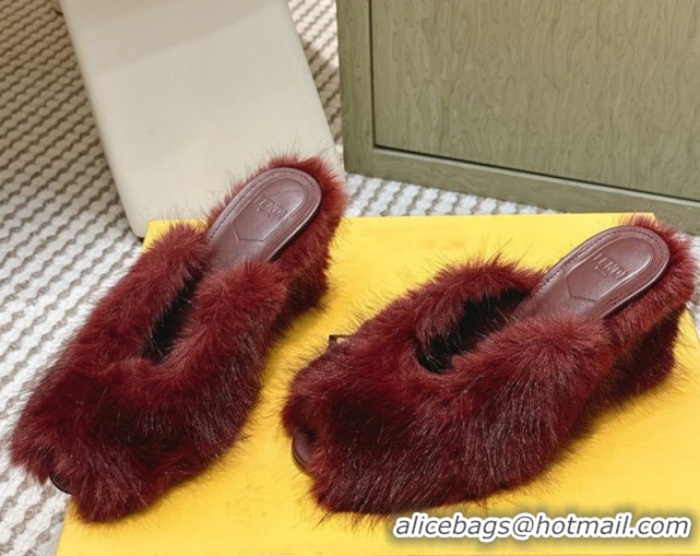 Grade Fendi Arco Wedge Mules 7.5cm in Rabbit Fur Burgundy 1030005