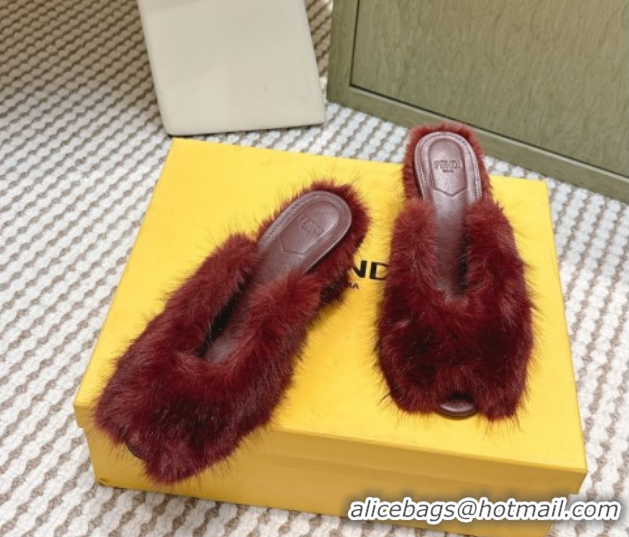 Grade Fendi Arco Wedge Mules 7.5cm in Rabbit Fur Burgundy 1030005
