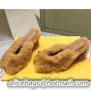 Grade Quality Fendi Arco Wedge Mules 7.5cm in Rabbit Fur Beige 1030006