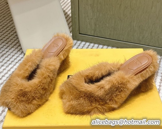 Grade Quality Fendi Arco Wedge Mules 7.5cm in Rabbit Fur Beige 1030006