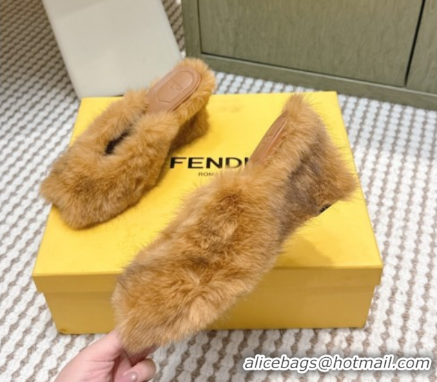 Grade Quality Fendi Arco Wedge Mules 7.5cm in Rabbit Fur Beige 1030006