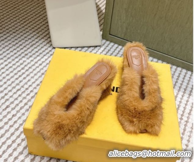 Grade Quality Fendi Arco Wedge Mules 7.5cm in Rabbit Fur Beige 1030006