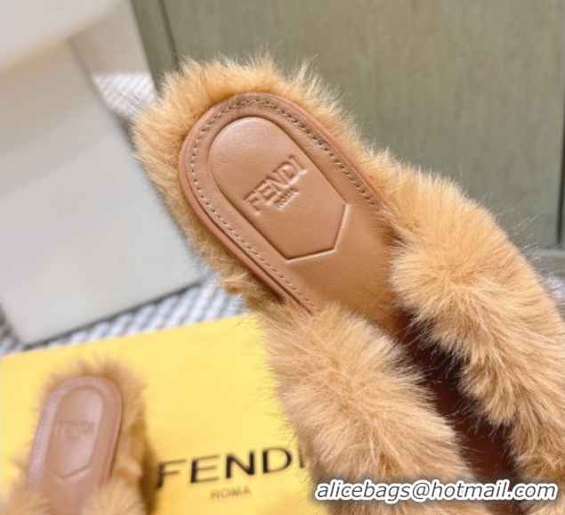 Grade Quality Fendi Arco Wedge Mules 7.5cm in Rabbit Fur Beige 1030006