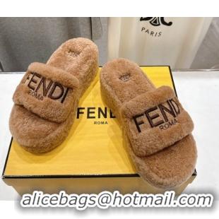 Sumptuous Fendi Sunshine Platform Slides Sandal in Shearling Wool Light Brown 2025 FE103001