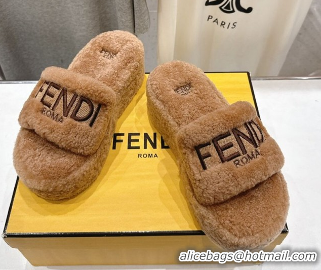 Sumptuous Fendi Sunshine Platform Slides Sandal in Shearling Wool Light Brown 2025 FE103001