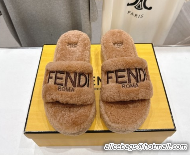 Sumptuous Fendi Sunshine Platform Slides Sandal in Shearling Wool Light Brown 2025 FE103001
