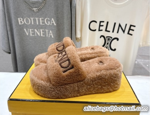 Sumptuous Fendi Sunshine Platform Slides Sandal in Shearling Wool Light Brown 2025 FE103001