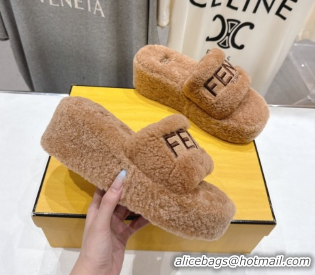 Sumptuous Fendi Sunshine Platform Slides Sandal in Shearling Wool Light Brown 2025 FE103001