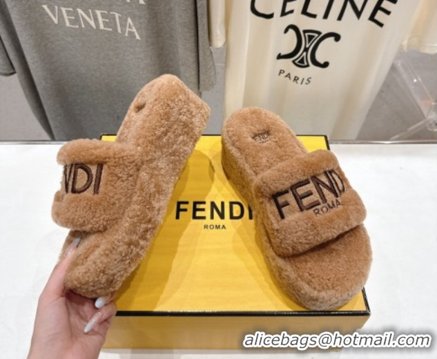 Sumptuous Fendi Sunshine Platform Slides Sandal in Shearling Wool Light Brown 2025 FE103001