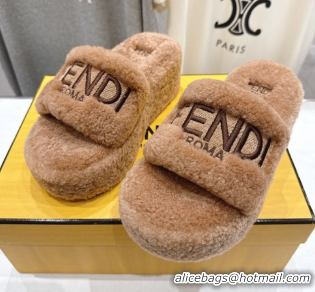Sumptuous Fendi Sunshine Platform Slides Sandal in Shearling Wool Light Brown 2025 FE103001