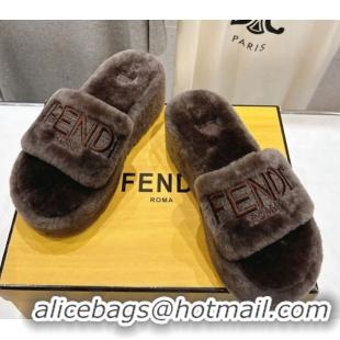 Perfect Fendi Sunshine Platform Slides Sandal in Shearling Wool Grey 2025 FE103001 1030008