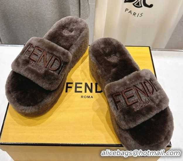 Perfect Fendi Sunshine Platform Slides Sandal in Shearling Wool Grey 2025 FE103001 1030008