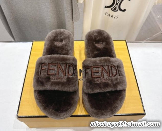 Perfect Fendi Sunshine Platform Slides Sandal in Shearling Wool Grey 2025 FE103001 1030008