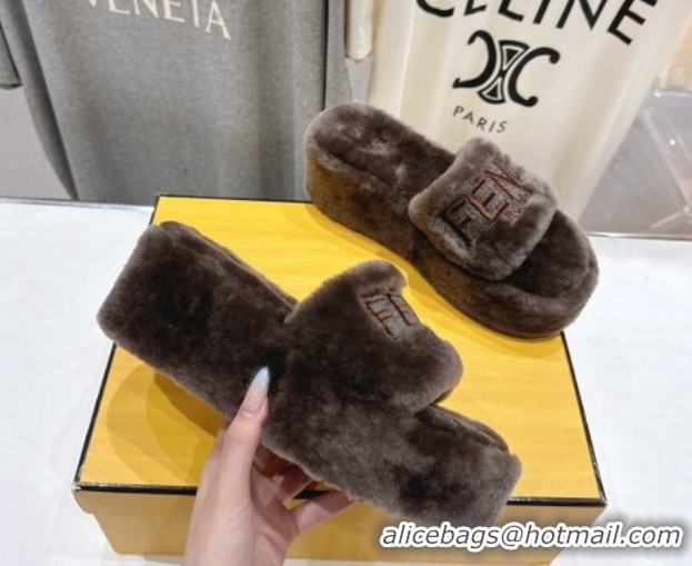 Perfect Fendi Sunshine Platform Slides Sandal in Shearling Wool Grey 2025 FE103001 1030008
