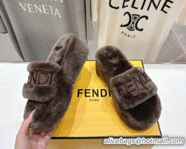 Perfect Fendi Sunshine Platform Slides Sandal in Shearling Wool Grey 2025 FE103001 1030008
