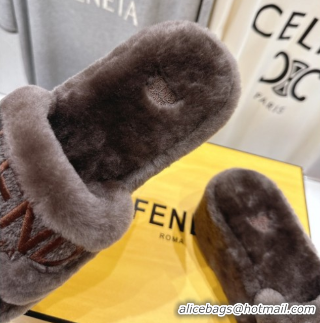 Perfect Fendi Sunshine Platform Slides Sandal in Shearling Wool Grey 2025 FE103001 1030008
