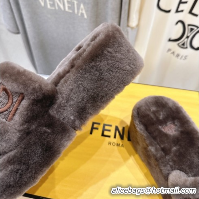 Perfect Fendi Sunshine Platform Slides Sandal in Shearling Wool Grey 2025 FE103001 1030008
