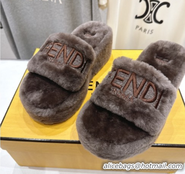 Perfect Fendi Sunshine Platform Slides Sandal in Shearling Wool Grey 2025 FE103001 1030008
