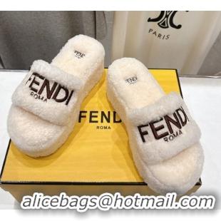 Discount Fendi Sunshine Platform Slides Sandal in Shearling Wool White 2025 FE103001 1030009