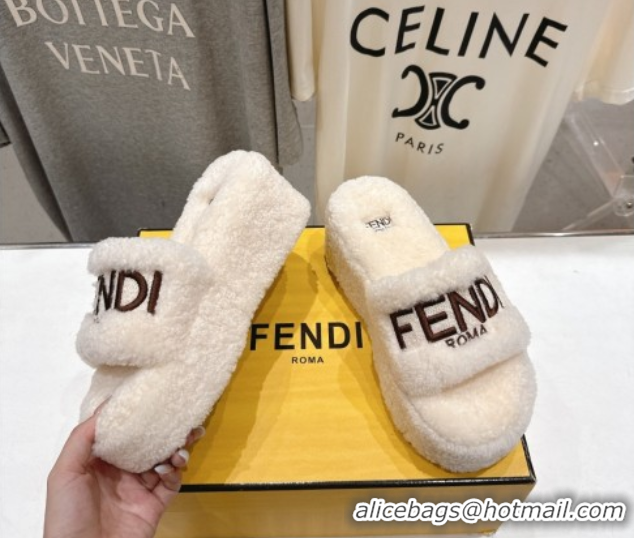 Discount Fendi Sunshine Platform Slides Sandal in Shearling Wool White 2025 FE103001 1030009