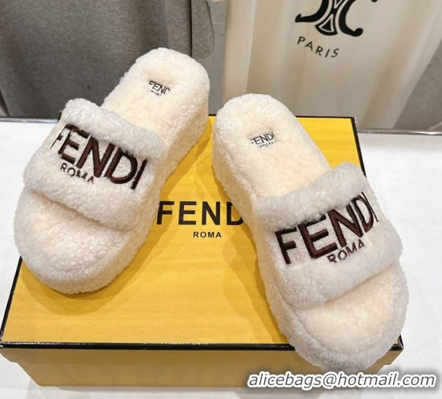 Discount Fendi Sunshine Platform Slides Sandal in Shearling Wool White 2025 FE103001 1030009