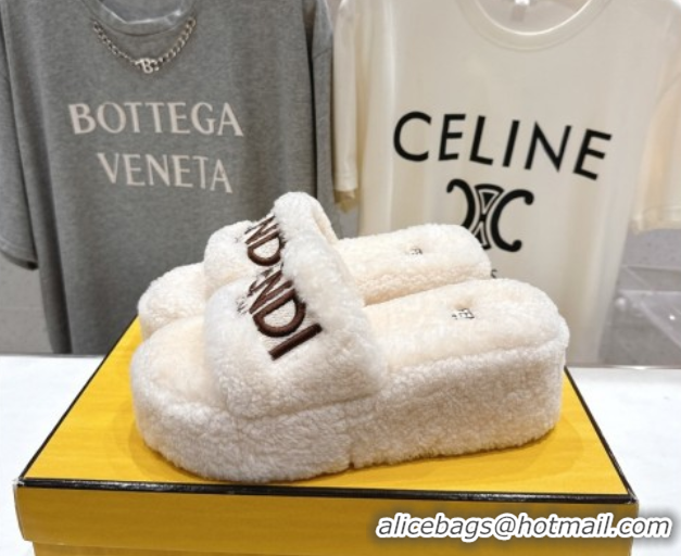 Discount Fendi Sunshine Platform Slides Sandal in Shearling Wool White 2025 FE103001 1030009