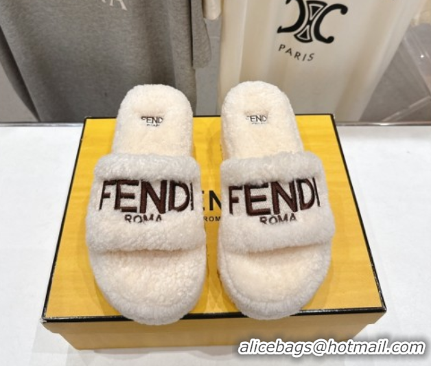 Discount Fendi Sunshine Platform Slides Sandal in Shearling Wool White 2025 FE103001 1030009