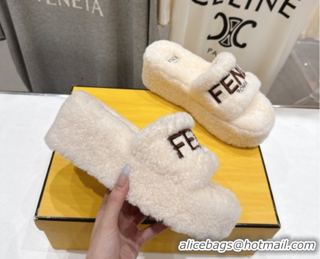 Discount Fendi Sunshine Platform Slides Sandal in Shearling Wool White 2025 FE103001 1030009