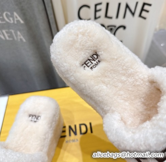 Discount Fendi Sunshine Platform Slides Sandal in Shearling Wool White 2025 FE103001 1030009