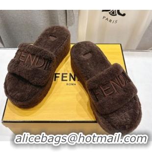 Duplicate Fendi Sunshine Platform Slides Sandal in Shearling Wool Dark Brown 2025 FE103001 1030010