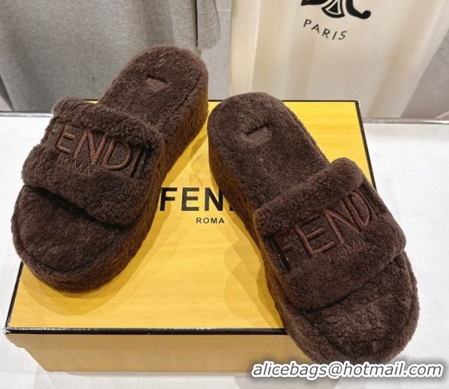 Duplicate Fendi Sunshine Platform Slides Sandal in Shearling Wool Dark Brown 2025 FE103001 1030010