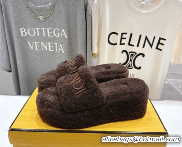 Duplicate Fendi Sunshine Platform Slides Sandal in Shearling Wool Dark Brown 2025 FE103001 1030010