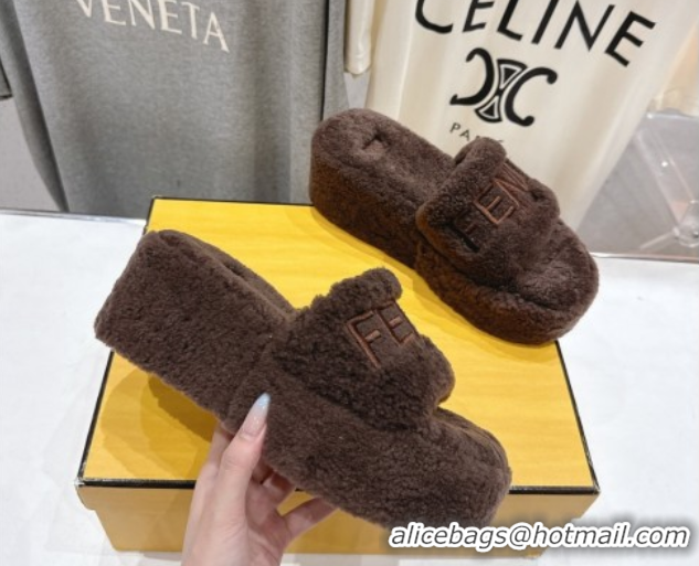 Duplicate Fendi Sunshine Platform Slides Sandal in Shearling Wool Dark Brown 2025 FE103001 1030010