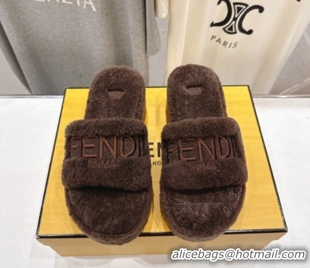 Duplicate Fendi Sunshine Platform Slides Sandal in Shearling Wool Dark Brown 2025 FE103001 1030010