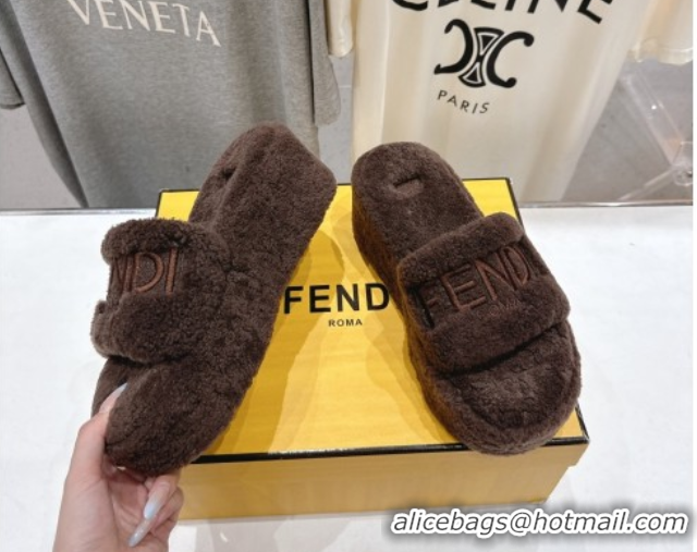 Duplicate Fendi Sunshine Platform Slides Sandal in Shearling Wool Dark Brown 2025 FE103001 1030010