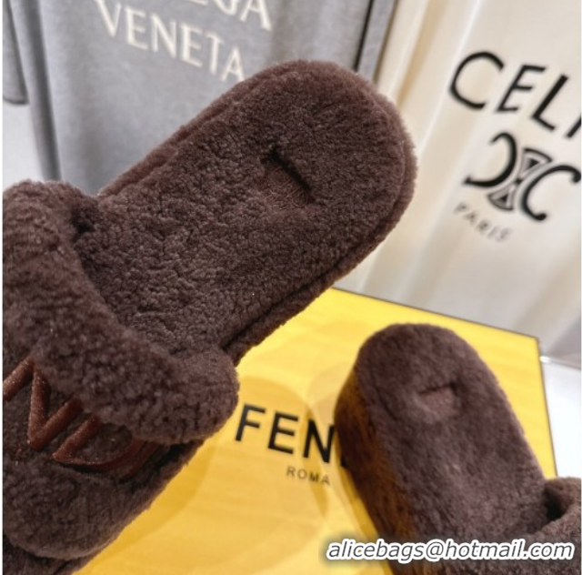 Duplicate Fendi Sunshine Platform Slides Sandal in Shearling Wool Dark Brown 2025 FE103001 1030010