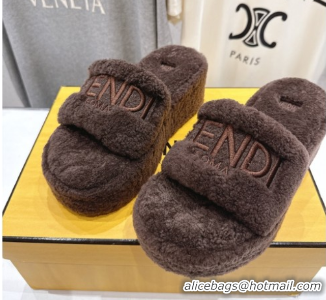 Duplicate Fendi Sunshine Platform Slides Sandal in Shearling Wool Dark Brown 2025 FE103001 1030010