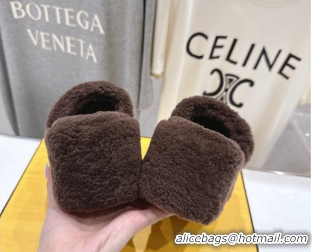 Duplicate Fendi Sunshine Platform Slides Sandal in Shearling Wool Dark Brown 2025 FE103001 1030010