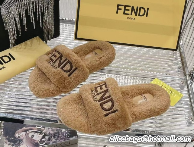 Sophisticated Fendi Flat Slides Sandal in Shearling Wool Beige FE103002 1030011
