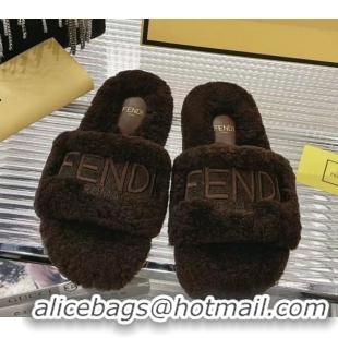 Best Grade Fendi Flat Slides Sandal in Shearling Wool Dark Brown 2025 FE103002 1030012