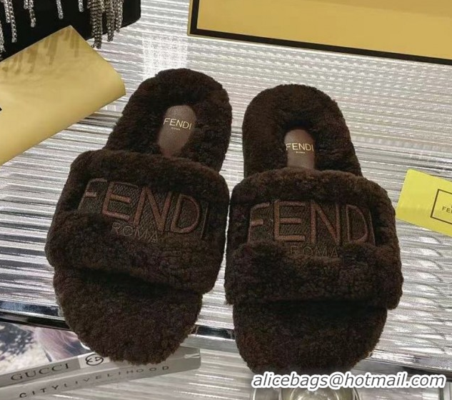 Best Grade Fendi Flat Slides Sandal in Shearling Wool Dark Brown 2025 FE103002 1030012