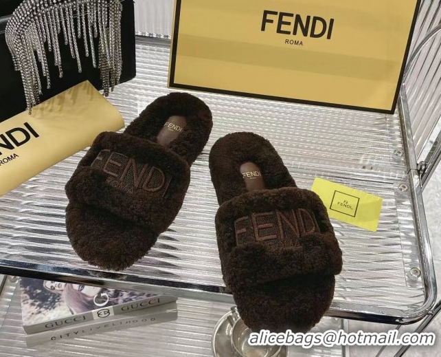 Best Grade Fendi Flat Slides Sandal in Shearling Wool Dark Brown 2025 FE103002 1030012