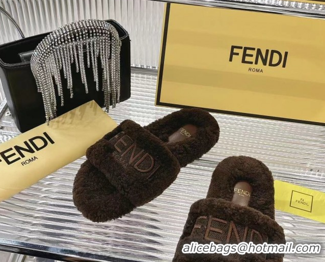 Best Grade Fendi Flat Slides Sandal in Shearling Wool Dark Brown 2025 FE103002 1030012