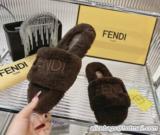 Best Grade Fendi Flat Slides Sandal in Shearling Wool Dark Brown 2025 FE103002 1030012