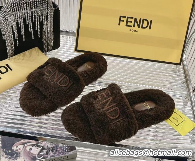 Best Grade Fendi Flat Slides Sandal in Shearling Wool Dark Brown 2025 FE103002 1030012
